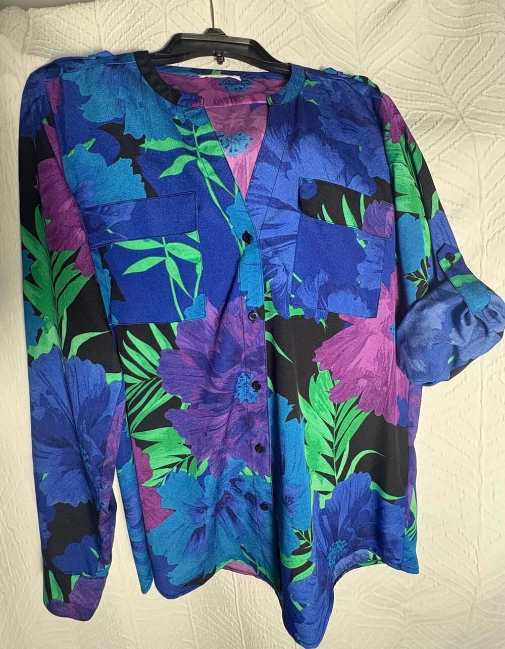 Calvin Klein Blue Purple Green Black Floral Print Button Down Shirt